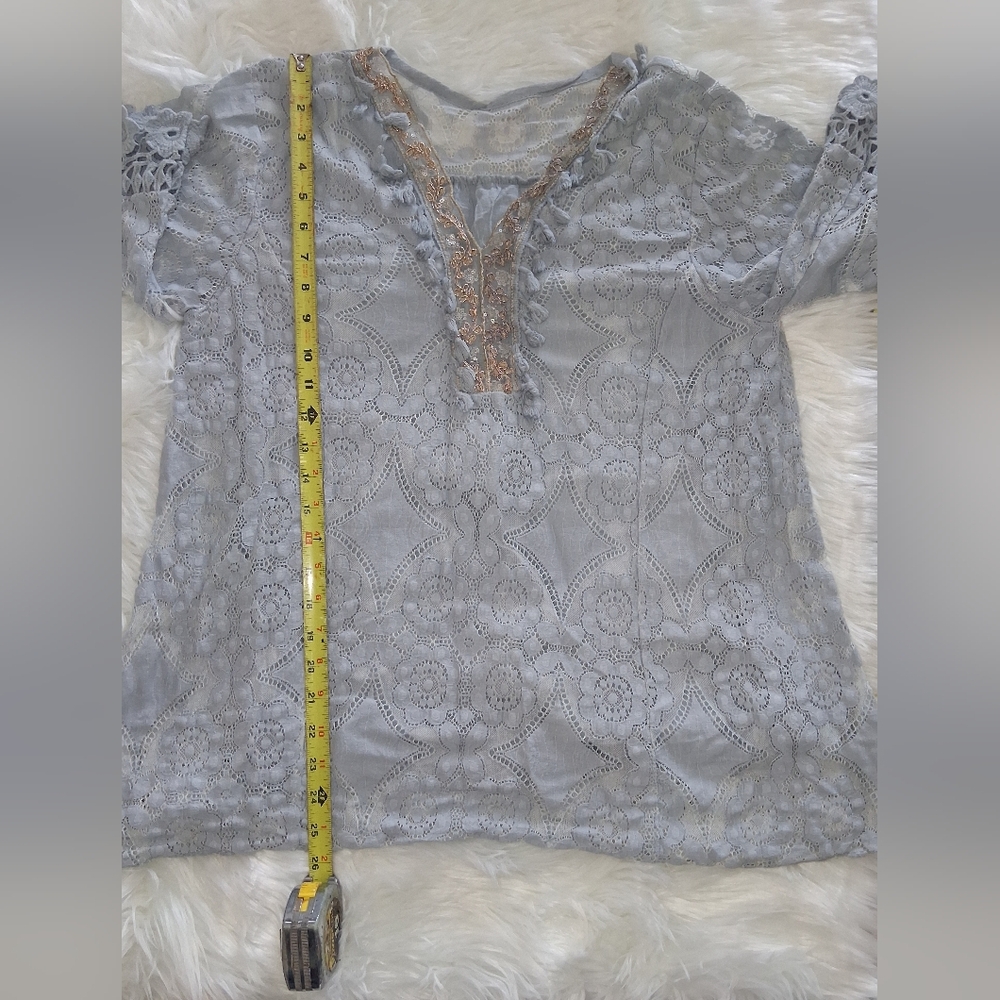 Boho Crochet Sleeve Top – Soft Blue/Grey with Golden Embroidery - Picture 9 of 10